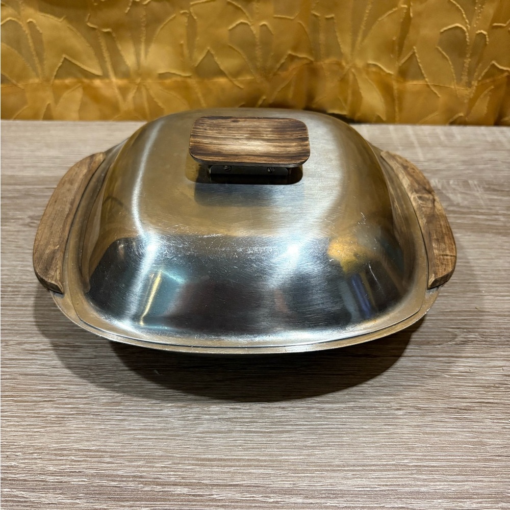 Lundtofte Denmark Danish Stainless Steel Serving Dish Bowl Tray Teak Handle 2pc
